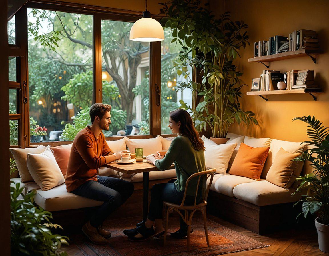 A serene scene of diverse couples engaging in open, heartfelt conversations at a cozy, warmly-lit café table. Soft cushions and intimate lighting create a relaxing atmosphere, while a backdrop of lush greenery symbolizes growth and connection. Subtle hints of wellness themes, like books on intimacy and sexual health, are placed on the table. The expressions of the couples should reflect trust, empathy, and joy. super-realistic. warm colors. cozy ambiance.