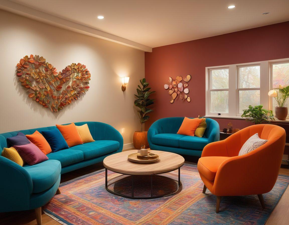 A warm and inviting community gathering space with diverse adults engaged in open discussions about sexual wellness. Include comfortable seating, educational materials like books and pamphlets, and soft lighting to create a welcoming atmosphere. Add subtle symbols of love and respect, like hearts and inclusivity signs, to emphasize acceptance and empowerment. super-realistic. vibrant colors. cozy setting.