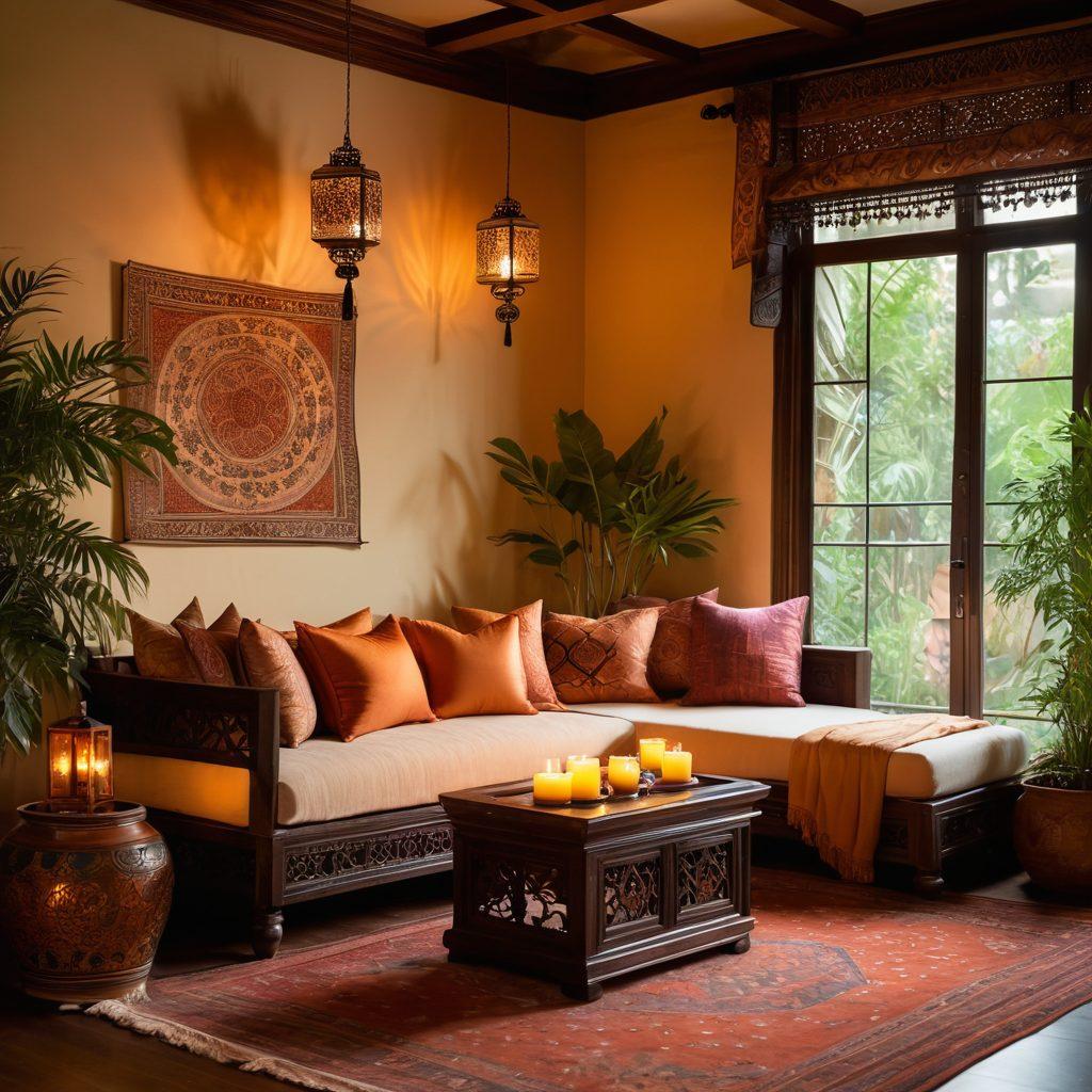 A serene setting depicting two partners in a cozy, intimate environment, surrounded by soft candlelight and lush greenery, symbolizing connection and wellness. Include subtle elements of Indian culture, like traditional textiles and decorative items. Soft, warm colors to evoke a sense of peace and intimacy. super-realistic. vibrant colors. warm tones.